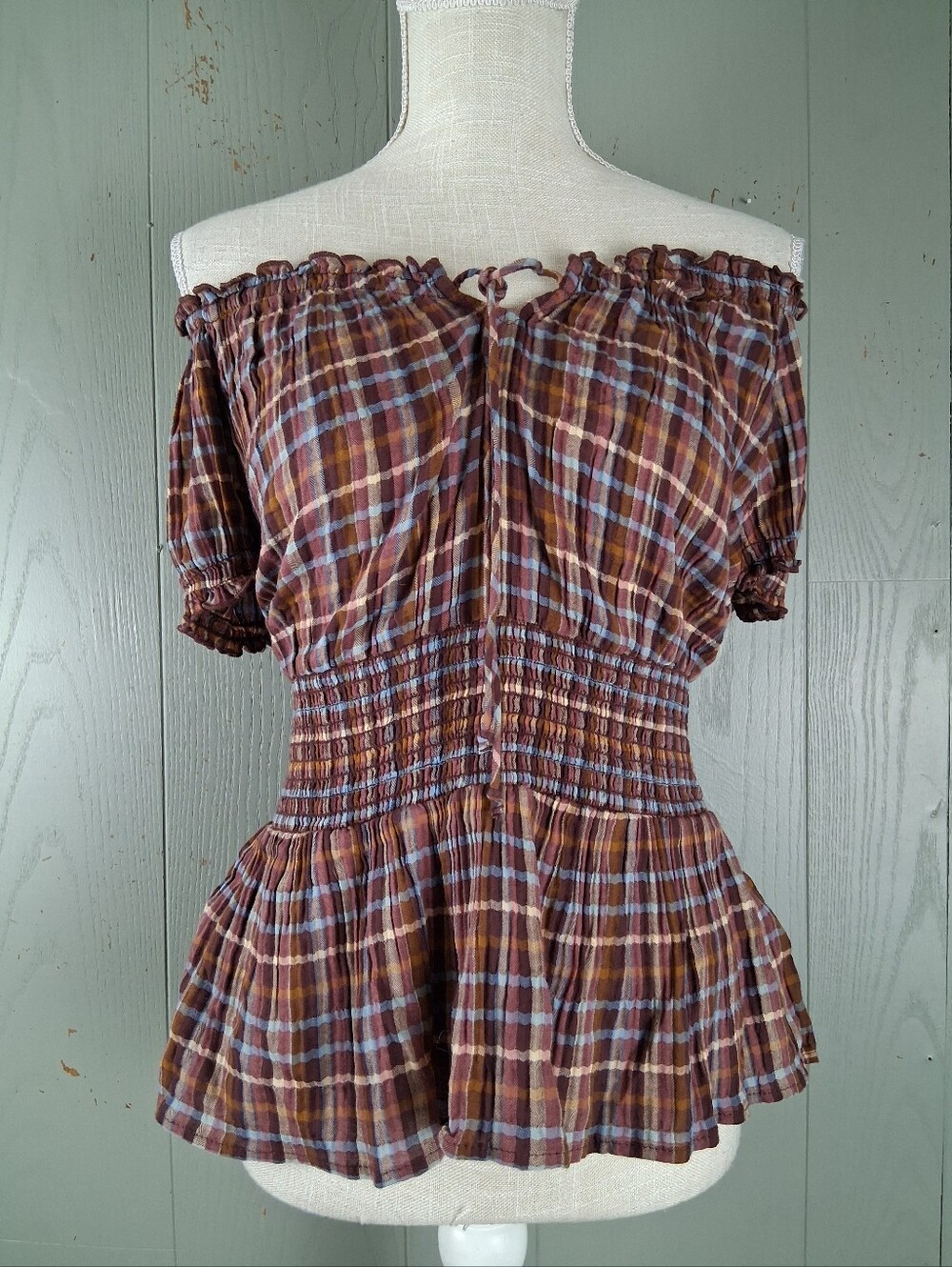 Off Shoulder Cottagecore Shirred Blouse L Brown Plaid Milk Maid Stretch Country